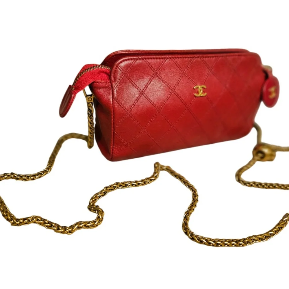 Chanel RARE Authentic lambskin red pouchette bag on ball adjustable chain - Picture 5 of 15